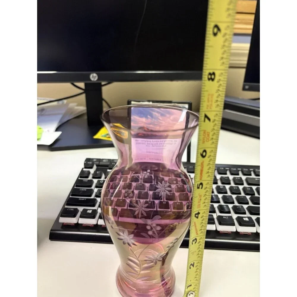 Royal Danube Iridescent Pink/Cranberry Hand Etched Vase Slovakia Vintage